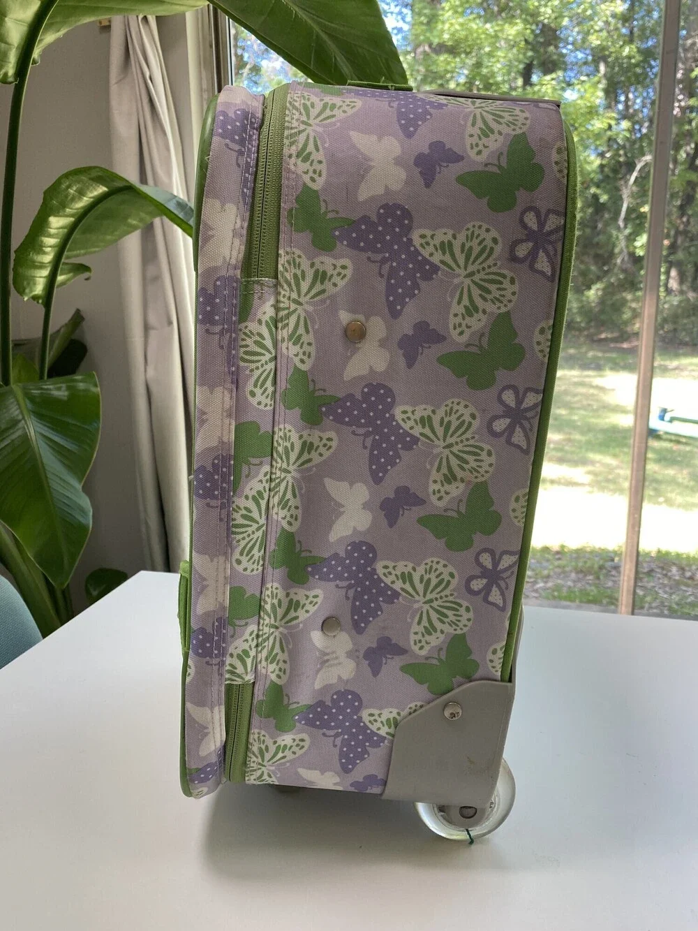 Pottery Barn Kids Butterfly Rolling Suitcase Purple Green Embroidered